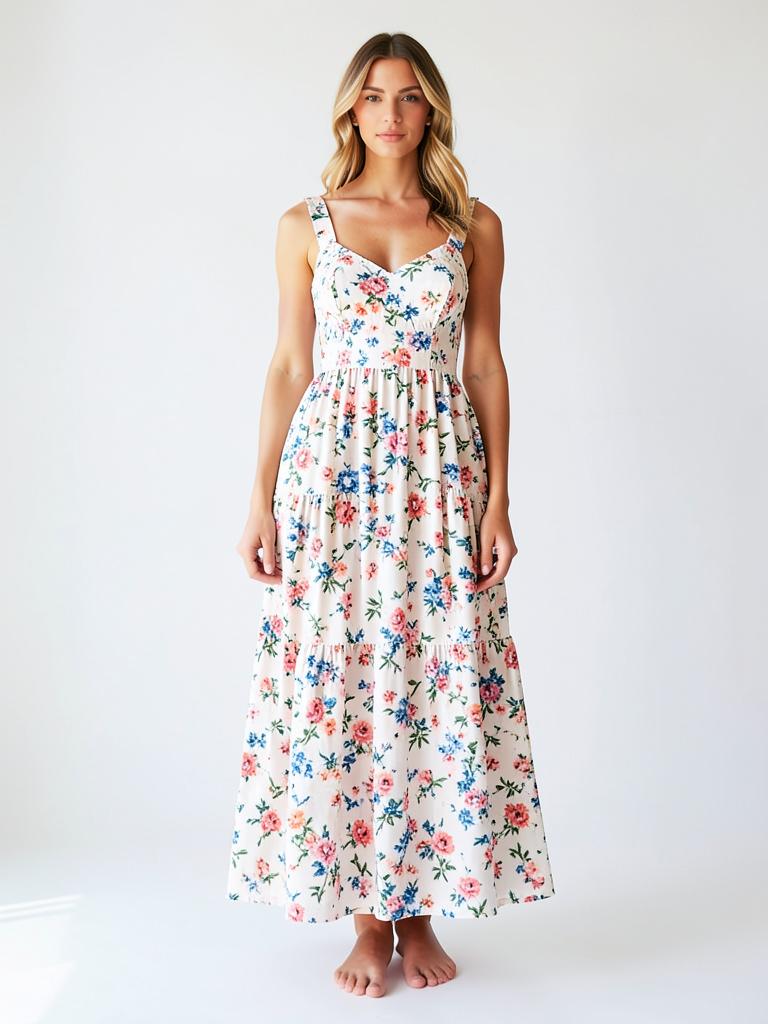 Floral printed cotton tiered maxi dress — LRN Exports garment collection