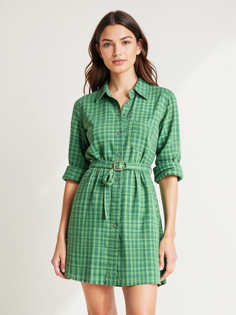 Green yarn dyed checked cotton shirt dress — LRN Exports garment collection