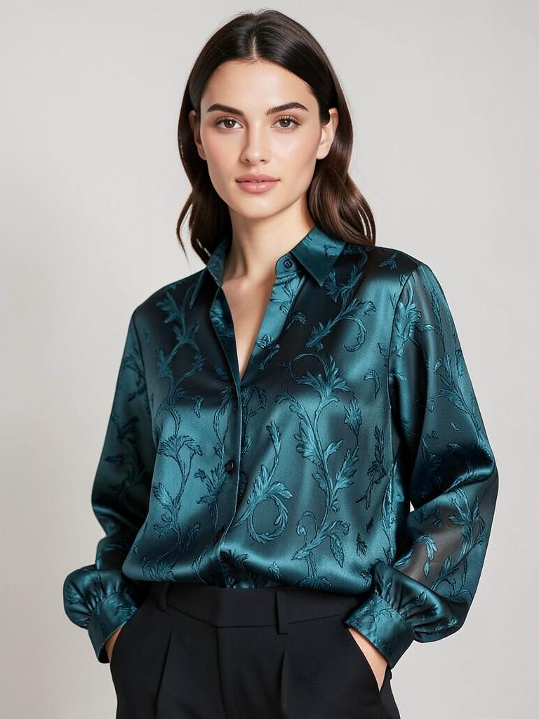 Teal silk jacquard blouse — LRN Exports garment collection