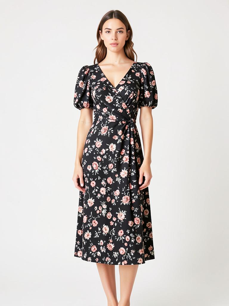 Black floral viscose wrap midi dress — LRN Exports garment collection