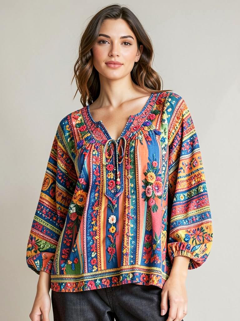 Multicoloured printed and embroidered boho blouse — LRN Exports garment collection