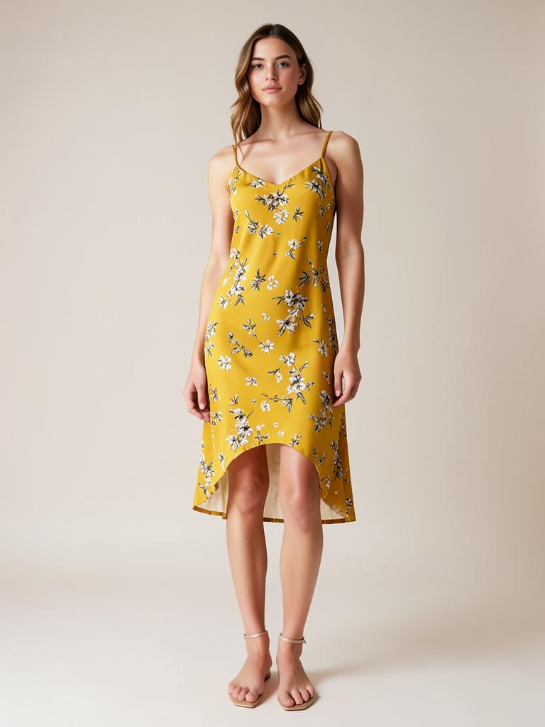 Mustard floral rayon slip dress — LRN Exports garment collection
