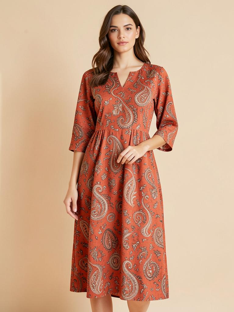 Terracotta paisley print cotton kaftan dress — LRN Exports garment collection