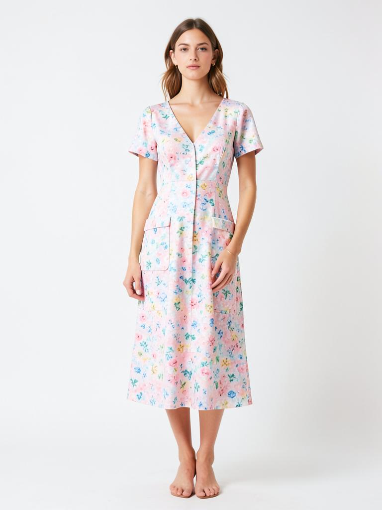 Pastel ditsy floral midi dress with pockets — LRN Exports garment collection