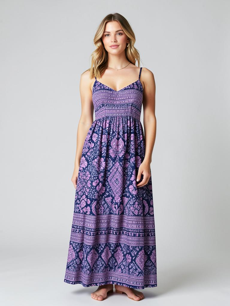 Navy and lilac border print sundress — LRN Exports garment collection