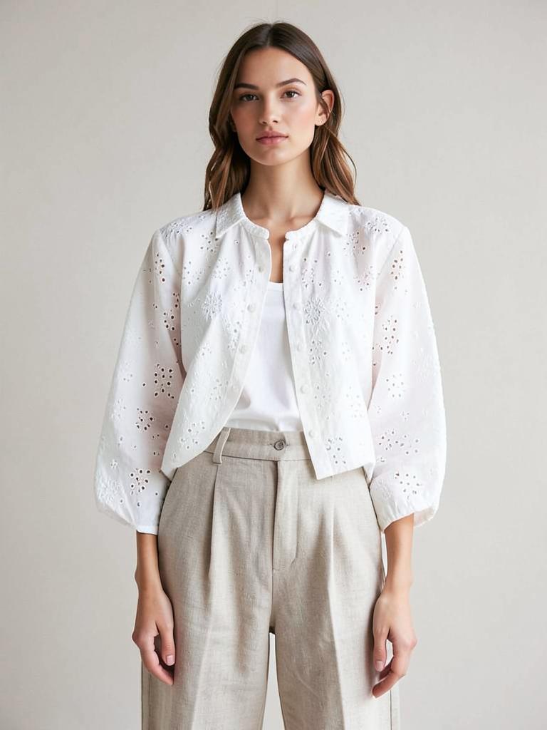 White cotton eyelet embroidered blouse — LRN Exports garment collection