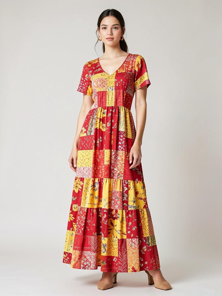 Red and yellow patchwork print tiered maxi dress — LRN Exports garment collection